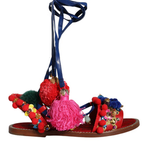 Dolce & Gabbana Multicolor Pom Pom Fur Wrap Sandals Shoes