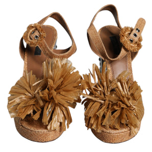 Dolce & Gabbana Brown Raffia Ankle Strap Crystal Sandals Shoes