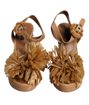 Dolce &amp; Gabbana Brown Raffia Ankle Strap Crystal Sandals Shoes