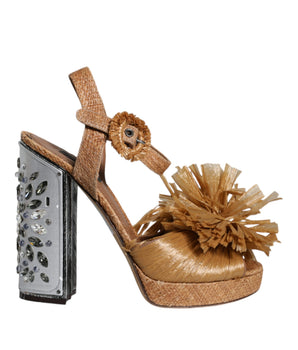 Dolce &amp; Gabbana Brown Raffia Ankle Strap Crystal Sandals Shoes