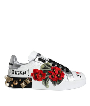Dolce & Gabbana White Leather Floral Studded Sneakers Shoes