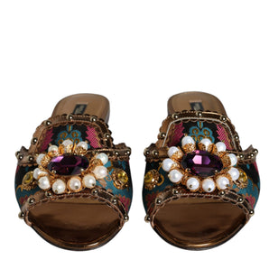 Dolce & Gabbana Multicolor Jacquard Embellished Slides Flats Shoes