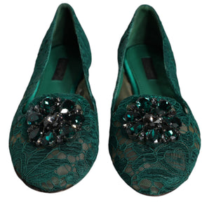 Dolce & Gabbana Green Lace Crystal Ballet Flats Loafers Shoes