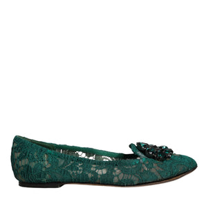 Dolce & Gabbana Green Lace Crystal Ballet Flats Loafers Shoes