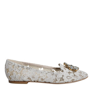 Dolce & Gabbana White Lace Crystal Ballet Flats Loafers Shoes