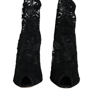 Dolce & Gabbana Black Lace Stretch Heels Mid Calf Boot Shoes