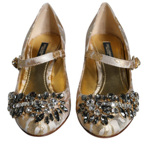 Dolce & Gabbana Gold Jacquard Crystal Mary Janes Pumps Shoes