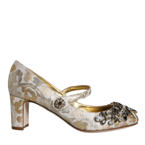 Dolce & Gabbana Gold Jacquard Crystal Mary Janes Pumps Shoes