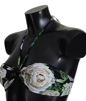 Dolce &amp; Gabbana Black Floral Halter Beachwear Swimwear Bikini Top