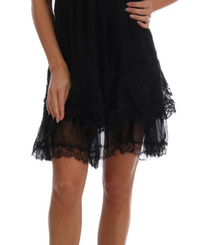 Dolce &amp; Gabbana Elegante vestido camisero de encaje de seda negro