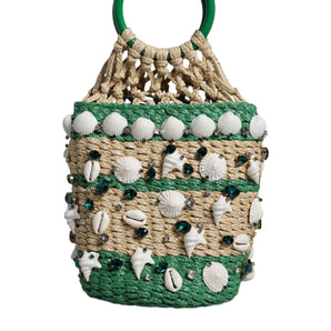 Dolce & Gabbana Beige Green Rafia Seashells Crystal Bucket Bag