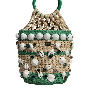 Dolce & Gabbana Beige Green Rafia Seashells Crystal Bucket Bag