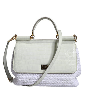 Dolce &amp; Gabbana White Rafia Leather Top Handle Crossbody Bag