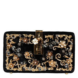 Dolce & Gabbana Black Velvet Floral Crystal Clutch Evening Purse Bag