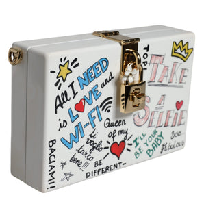 Dolce & Gabbana White Graffiti Print Clutch Crossbody Bag