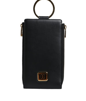 Dolce &amp; Gabbana Black Leather Logo Plaque Neck Strap Card Coin Wallet