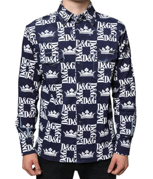 Dolce & Gabbana Blue Crown Logo Print Slim Fit Cotton Shirt