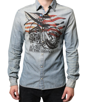 John Galliano Light Blue Printed Cotton Denim Long Sleeves Shirt