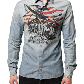 John Galliano Light Blue Printed Cotton Denim Long Sleeves Shirt