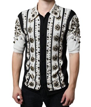 Dolce & Gabbana White Black Silk Studded Stone Crystal Shirt