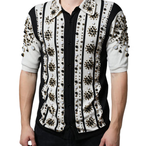 Dolce & Gabbana White Black Silk Studded Stone Crystal Shirt