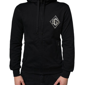 Dolce & Gabbana Black Cotton Hooded Logo Full Zip Sweater