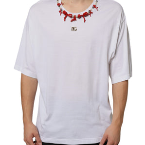 Dolce & Gabbana White Cotton Necklace Embellished T-shirt