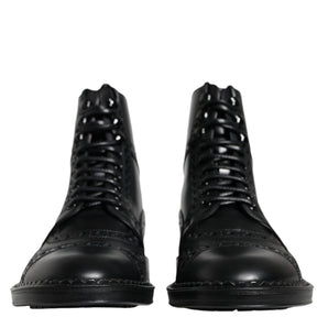 Dolce & Gabbana Black Leather Lace Up Mid Calf Boots Shoes