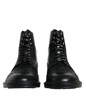 Dolce & Gabbana Black Leather Lace Up Mid Calf Boots Shoes
