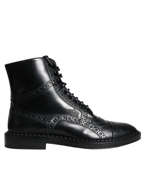 Dolce & Gabbana Black Leather Lace Up Mid Calf Boots Shoes