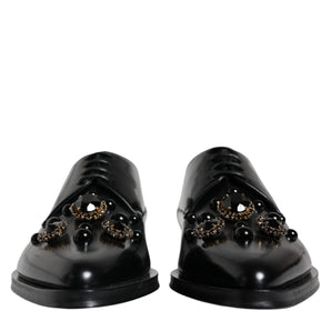 Dolce & Gabbana Black Leather Crystal Lace Up Formal Shoes