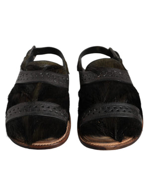 Dolce & Gabbana Black Gazelle Hair Leather Flats Sandals Shoes
