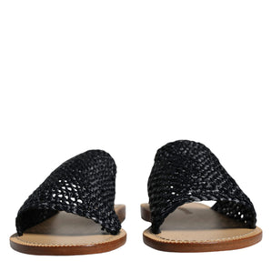 Dolce & Gabbana Black Monochrome Braided Raffia Slides Shoes