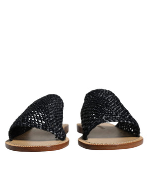 Dolce & Gabbana Black Monochrome Braided Raffia Slides Shoes
