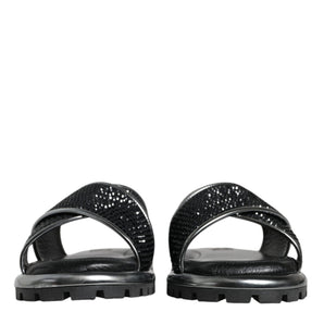 Dolce & Gabbana Black Strass Criss-Cross Slide Sandals Shoes