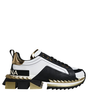 Dolce &amp; Gabbana White Gold Black Leather SUPER KING Sneakers Shoes