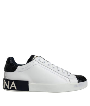 Dolce & Gabbana Black Leather Logo Portofino Sneaker Shoes