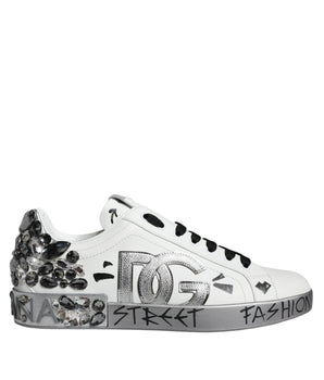 Dolce &amp; Gabbana White Silver Crystal Logo Portofino Sneakers Shoes
