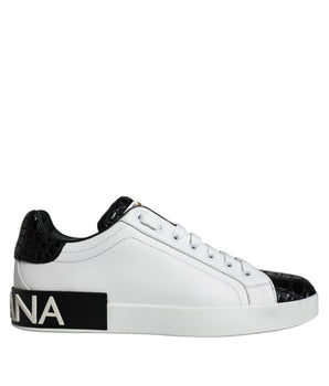 Dolce & Gabbana Black Leather Logo Portofino Sneaker Shoes