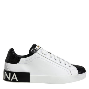 Dolce & Gabbana Black Leather Logo Portofino Sneaker Shoes