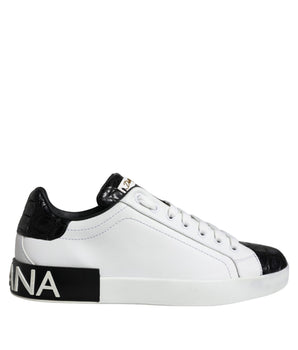 Dolce & Gabbana Black Leather Logo Portofino Sneaker Shoes