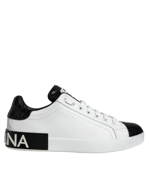 Dolce & Gabbana Black Leather Logo Portofino Sneaker Shoes