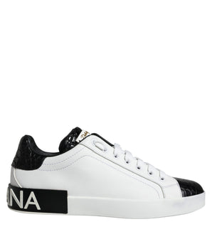 Dolce & Gabbana Black Leather Logo Portofino Sneaker Shoes