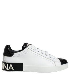 Dolce & Gabbana Black Leather Logo Portofino Sneaker Shoes