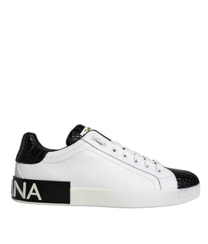 Dolce & Gabbana Black Leather Logo Portofino Sneaker Shoes