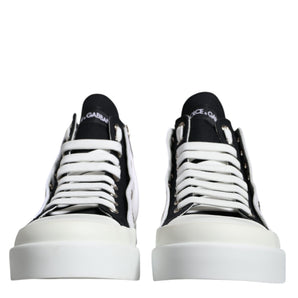 Dolce & Gabbana White Black Cotton Logo High Top Sneaker Shoes