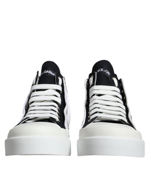 Dolce & Gabbana White Black Cotton Logo High Top Sneaker Shoes