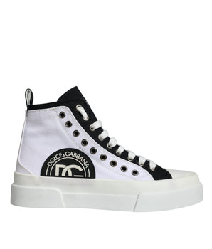 Dolce & Gabbana White Black Cotton Logo High Top Sneaker Shoes