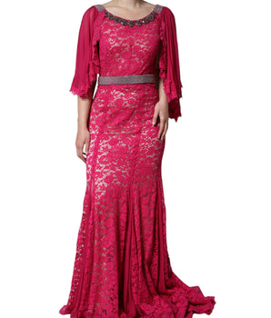 Dolce &amp; Gabbana Pink Lace Crystal Sheath Long Gown Dress