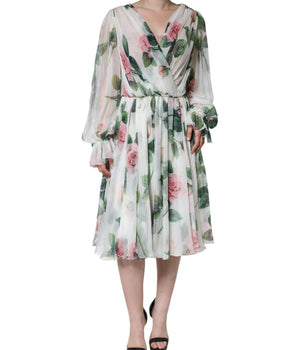 Dolce &amp; Gabbana White Silk Floral Print A-line Midi Dress